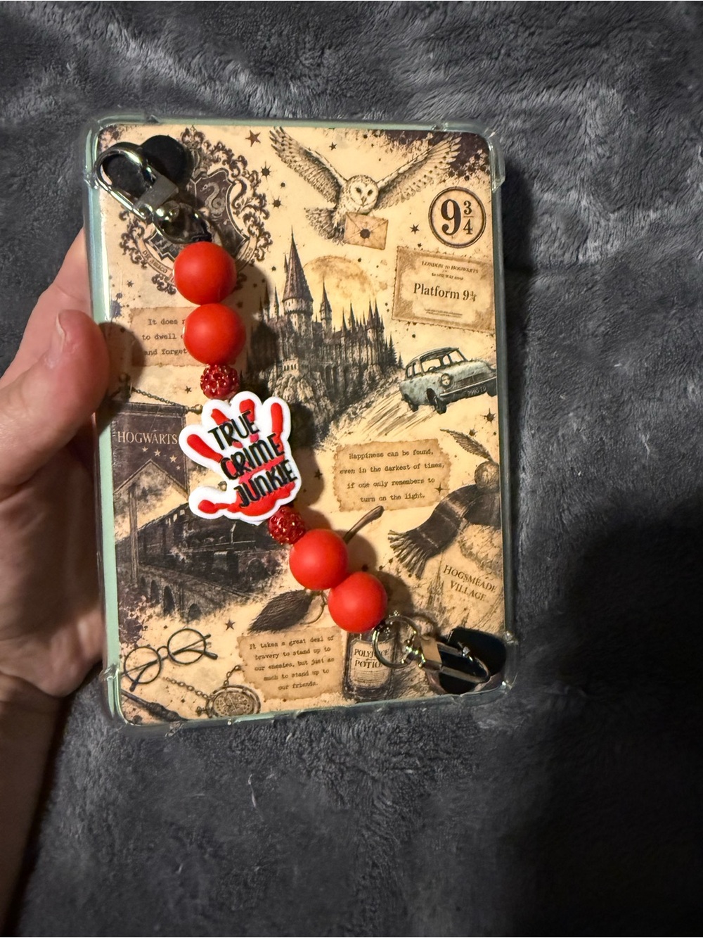 True Crime Junkie Red Beaded Tablet Strap with 'True Crime Junkie' Charm